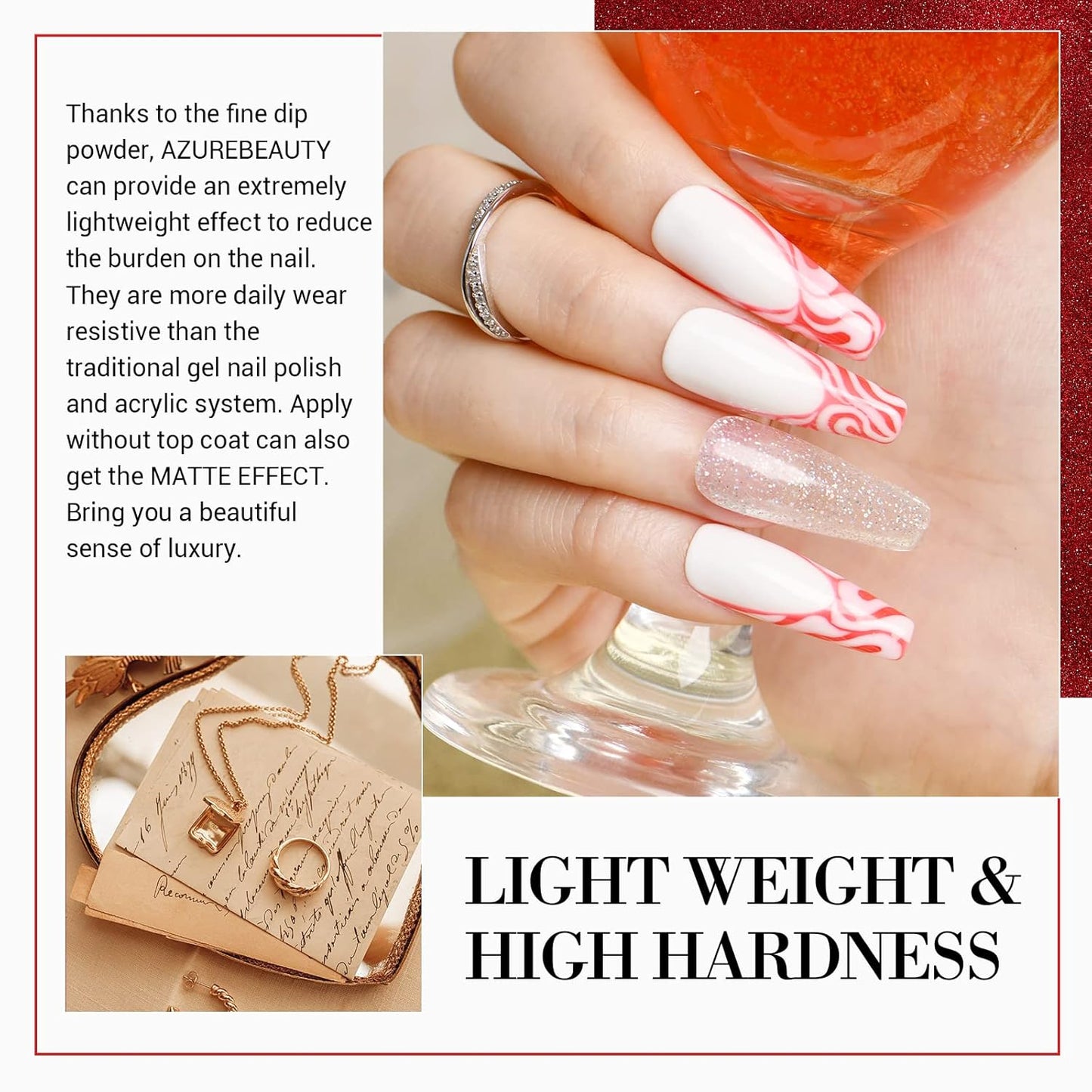 AZUREBEAUTY Dip Powder Nail Set, Red Burgundy Rose Berry Sparkle Milky Snow White Silver Glitter, 6 Colors Dipping Powder Starter Kit French Nail Art Manicure DIY Salon, No Need Nail Lamp Cured