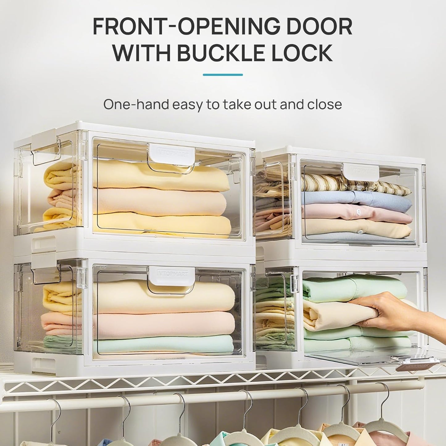 Vtopmart 1 Pack Stackable Storage Bin with Lid,24QT Clear Foldable Closet Organizer with Front-Open Doors,Plastic Storage Containers for Living Room, Bedroom, Craft Room, Dorm Organization