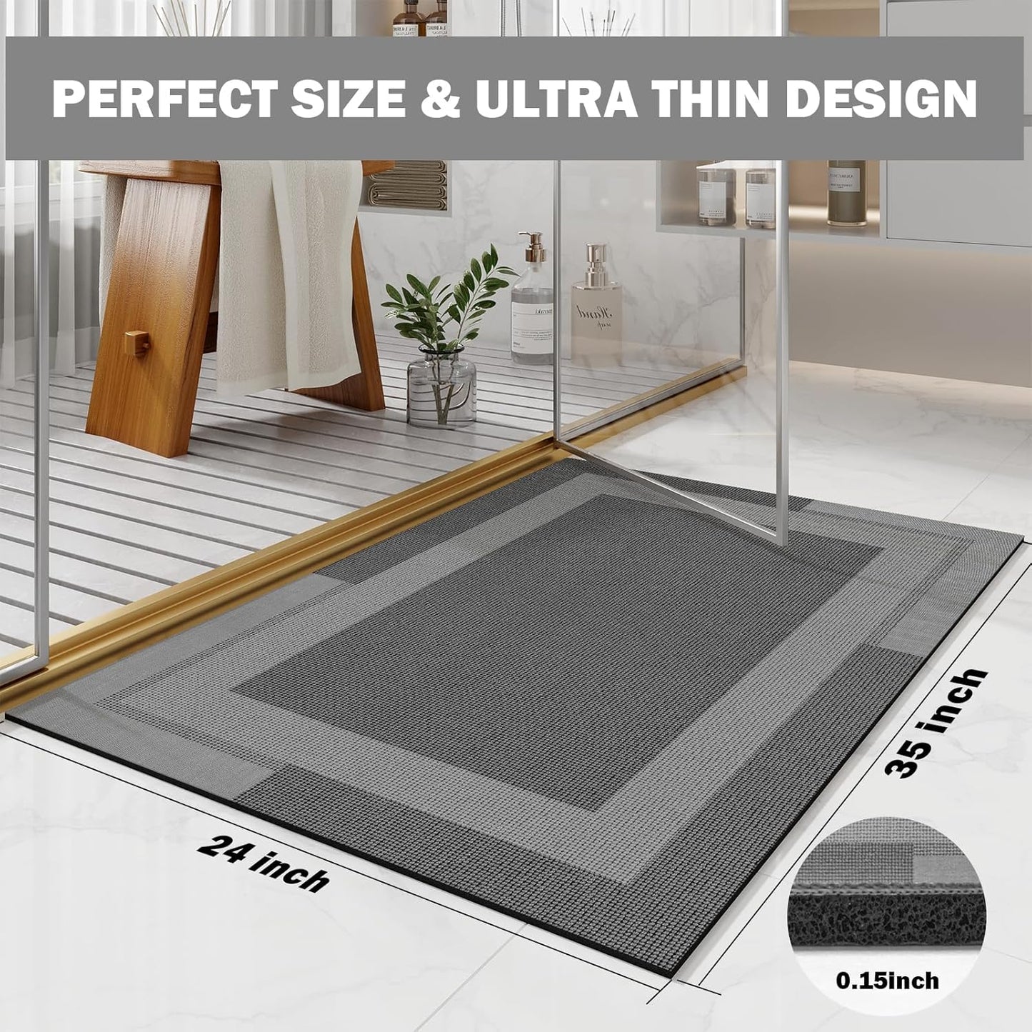 Non Slip Bath Mat, Rubber Backing Ultra Thin Bathroom Rugs Fit Under Door Quick Dry Super Absorbent Washable Bath Rug Shower Mat for Bathroom Floor Bathtub Sink, Easy Care Dark Grey 24"x 35"