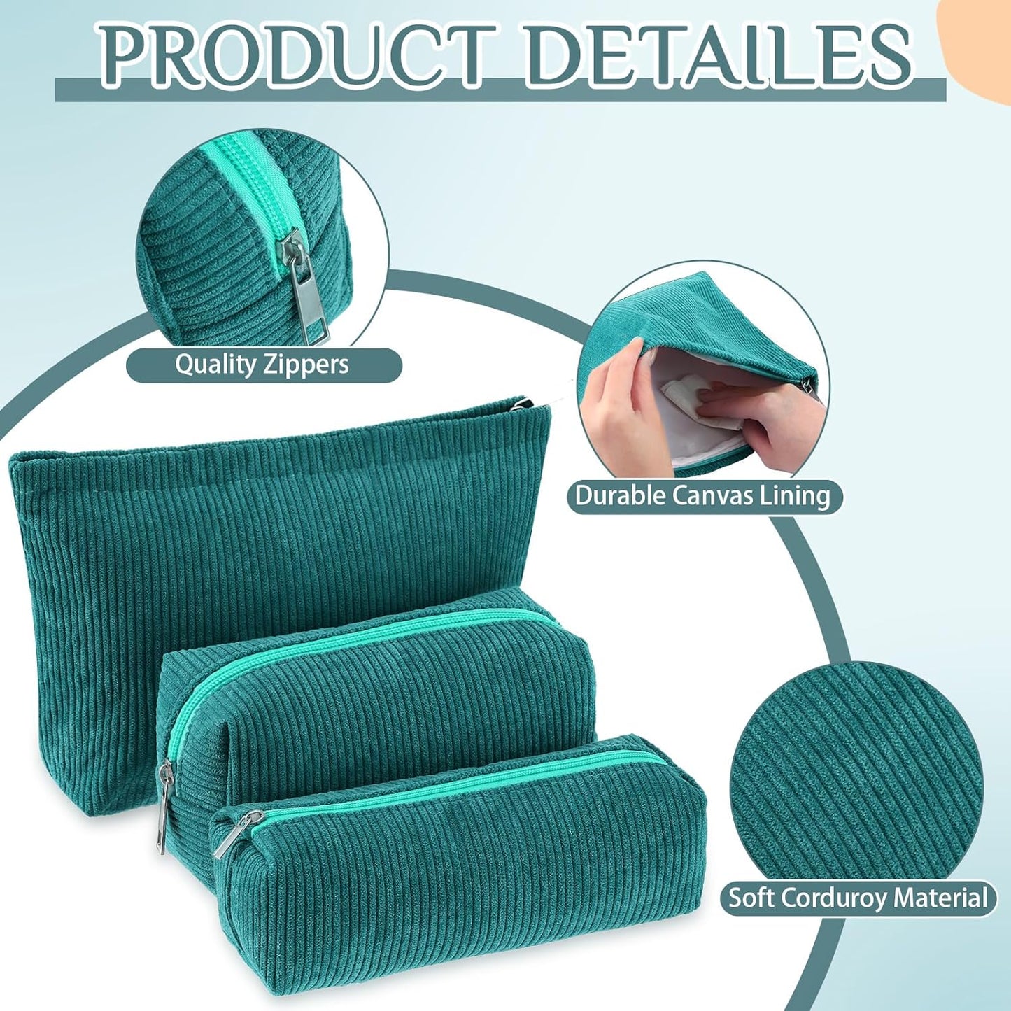 3 Pcs Makeup Bag Set for Women Corduroy Cosmetic Pouch Aesthetic Smile Travel Toiletry Bag Cute Purse Pouch Pencil Case Makeup Brushes Storage Organizer for Christmas(Dark Green,Solid Style)