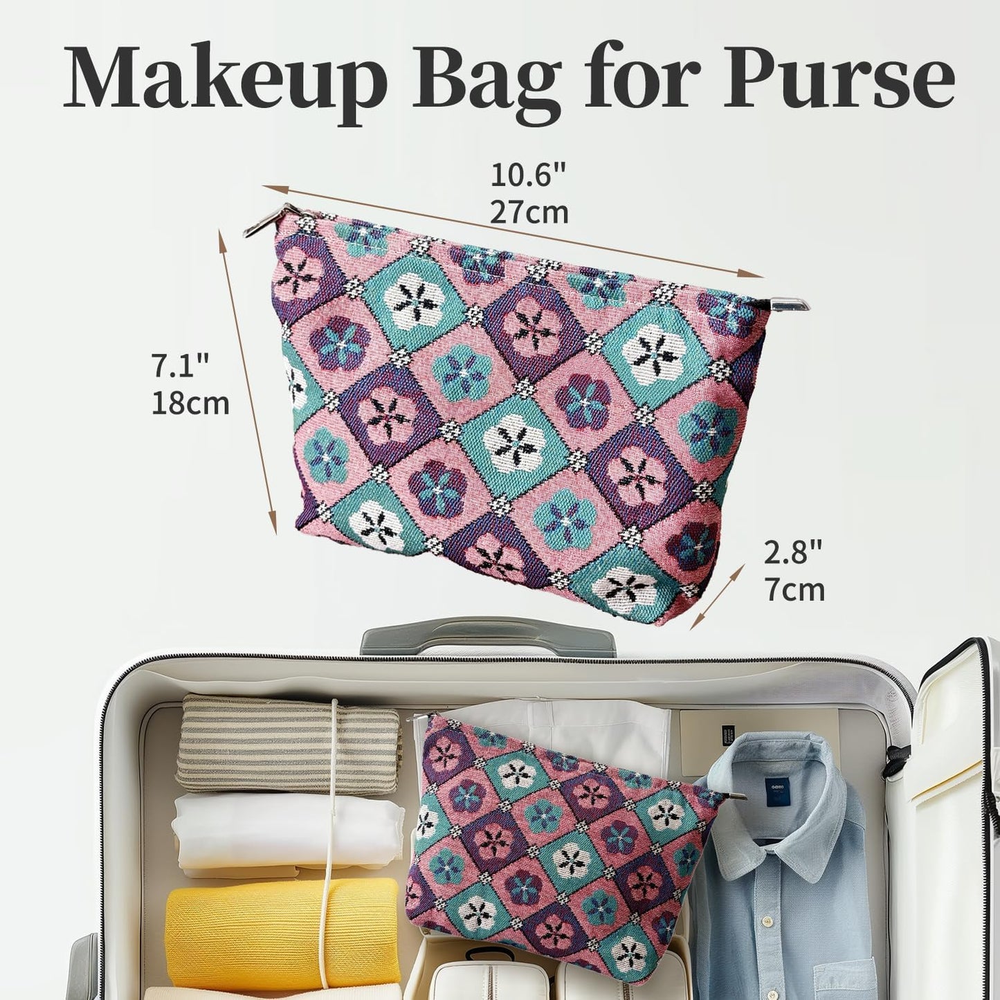 Diamond-shaped Flower Makeup Bag for Women, Canvas Cosmetic Bag with Zipper Lining, Travel Makeup Pouch for Purse, Small Pouch for Toiletry, Cosmetic, Sunscreen, Hygiene, Skincare, Medicine, Sunblock