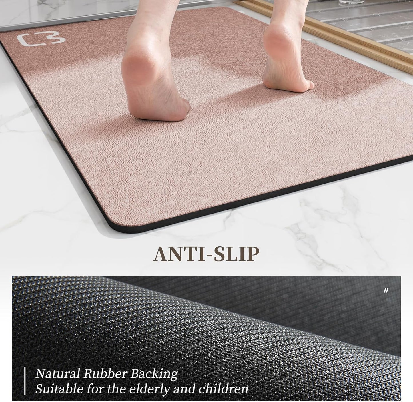 Blush Pink Diatomaceous Earth Bath Mat 15.7"x47.2" Extra Long Bathroom Mat Large Fast Dry Super Absorbent Non-Slip Rubber Backed Shower Mat Bath Rugs Mats for Bathroom Floor, Tub, Shower, Sink