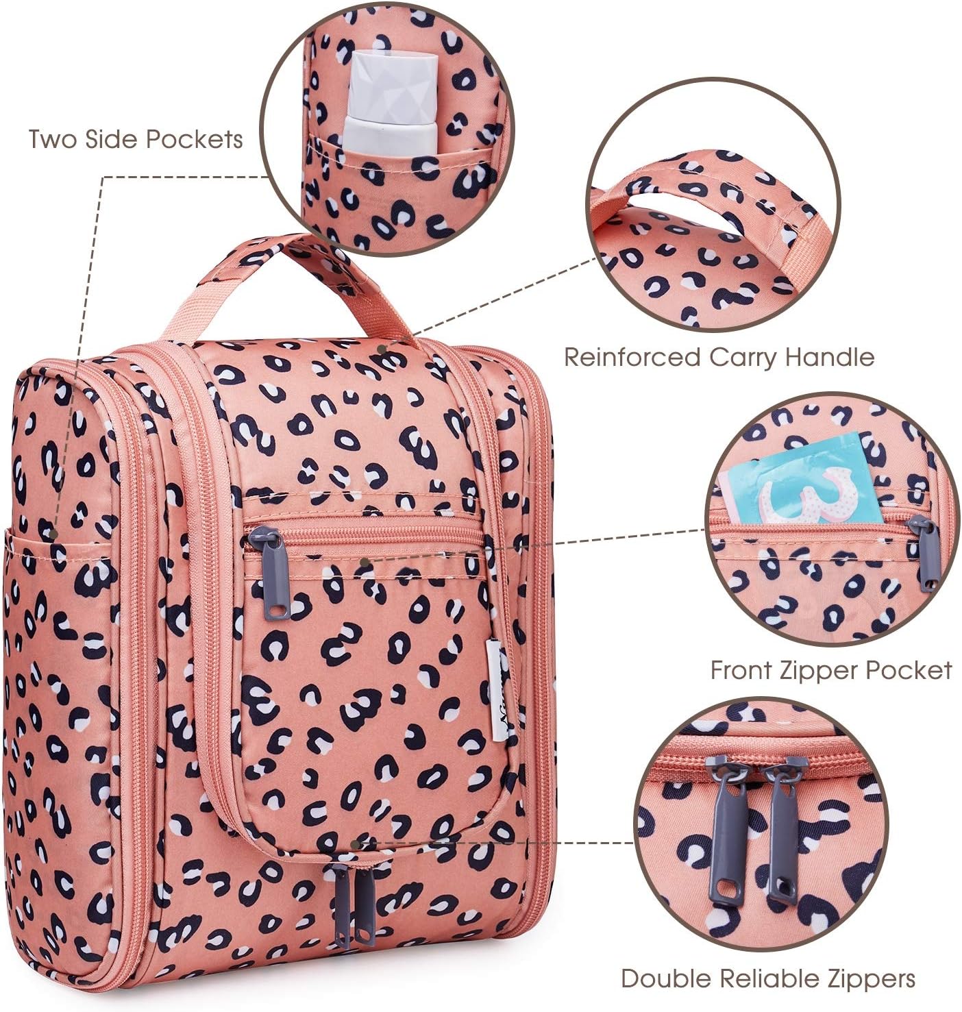 Narwey Cheetah Small Hanging Toiletry Bag Women Travel Makeup Bag Organizer Toiletries Bag for Travel Size Essentials Accessories Cosmetics (Medium, Orange Leopard)