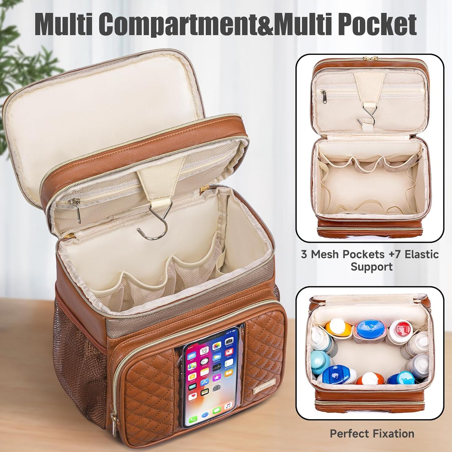 Large Leather Toiletry Bag for Women Men,Bathroom Bag,Water Resistant Portable Shower Caddy for College Dorm,Hanging Toiletry Bags for Traveling,Gym Camping Cruise Ship Travel Essentials Shower Bag