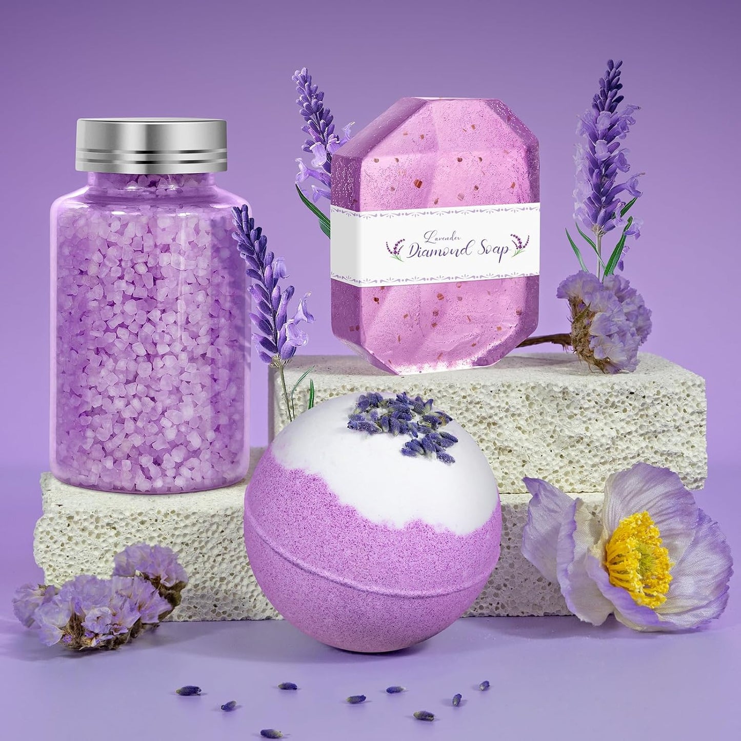 Bath Gift Set for Women, Christmas Stocking Stuffers for Women, Birthday White Elepant Gifts for Wife Her Sister Mom Auntie Grandma Friends, Relaxing Spa Self Care Lavender Bath Bombs Set﻿