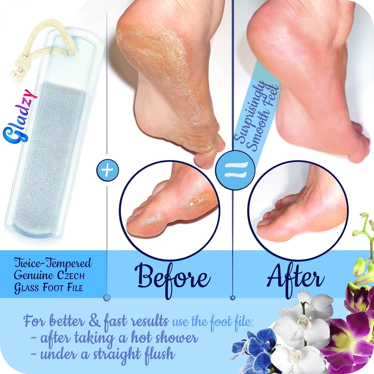 Genuine Czech Glass Foot File - Two-Sided Different Grit Surface, Gentle Callus Remover, Pedicure & Spa Rough Skin Scrubber, Professional Toenail and Heels Care, EU Quality, Large Size