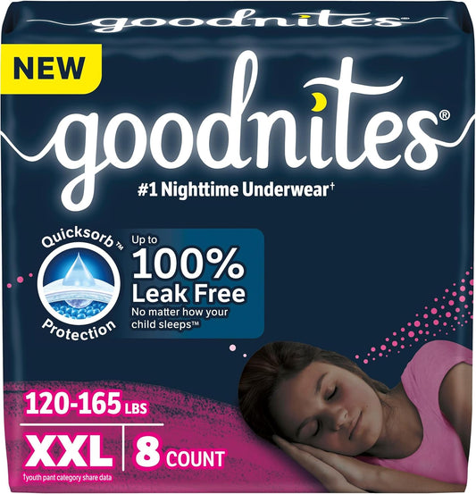 Goodnites Girls' Nighttime Underwear, Size XXL (120-165 lbs), 8 Ct, Packaging May Vary