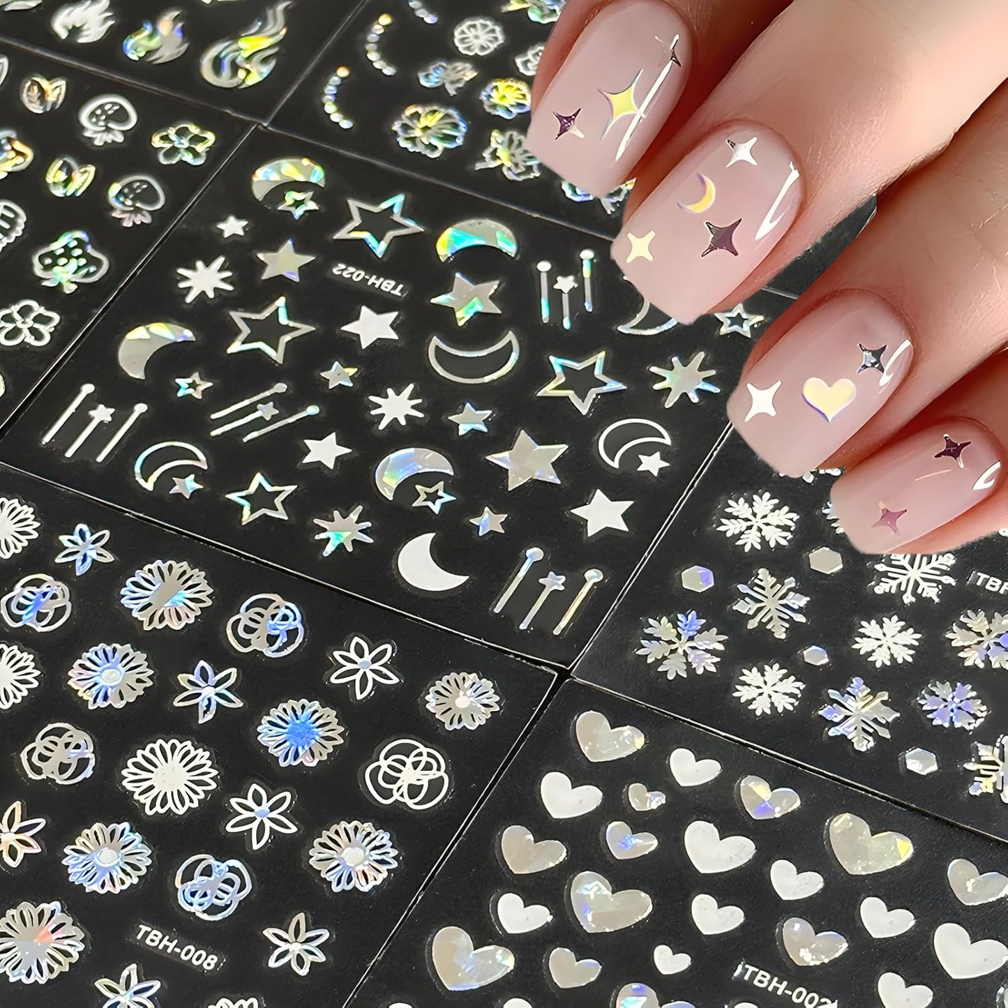 30 Sheets Aurora Nail Art Stickers Decals 3D Self Adhesive Flower Nail Stickers Aurora Moon Star Nail Decals for Nail Art Leaf Heart Nail Design for DIY Acrylic Nails Decoration Accessories for Women
