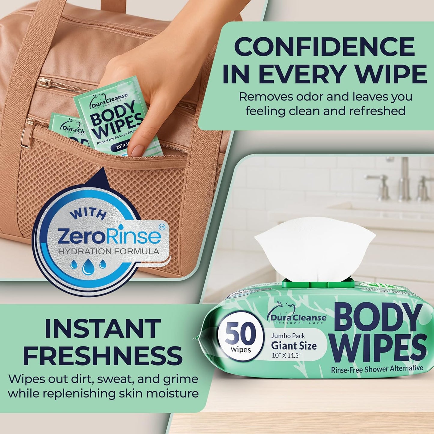 Body Wipes for Women, Extra Moist No Rinse Bathing Wipes - 50 XL Shower Cloths + 4 Travel Size Bath Sheets - 9"x12" After Gym & Post Workout Deodorant, Disposable Washcloths, Womens Hygiene Essentials