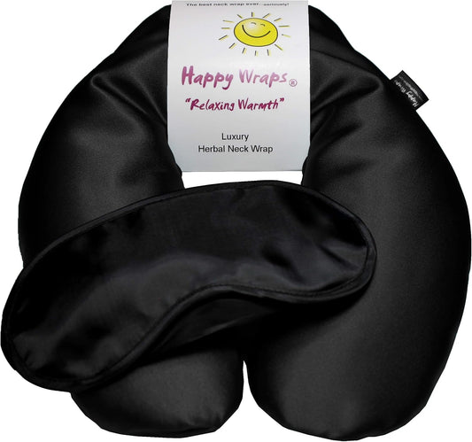 Microwavable Herbal Neck Wrap - Hot Cold Aromatherapy Neck Warming Pillow - Heating Pad for Migraines, Stress, Gifts for Women, Birthdays, Christmas and Free Sleep Mask - Onyx Satin