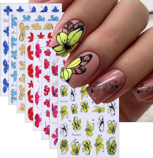 Flower Nail Art Stickers 3D Self-Adhesive Spring Summer Floral Decals Wildflower Daisy Leaf Plant Spring Colorful Flower Nail Art Supplies for Women Girls Women Girls Manicure Decoration 8 Sheets