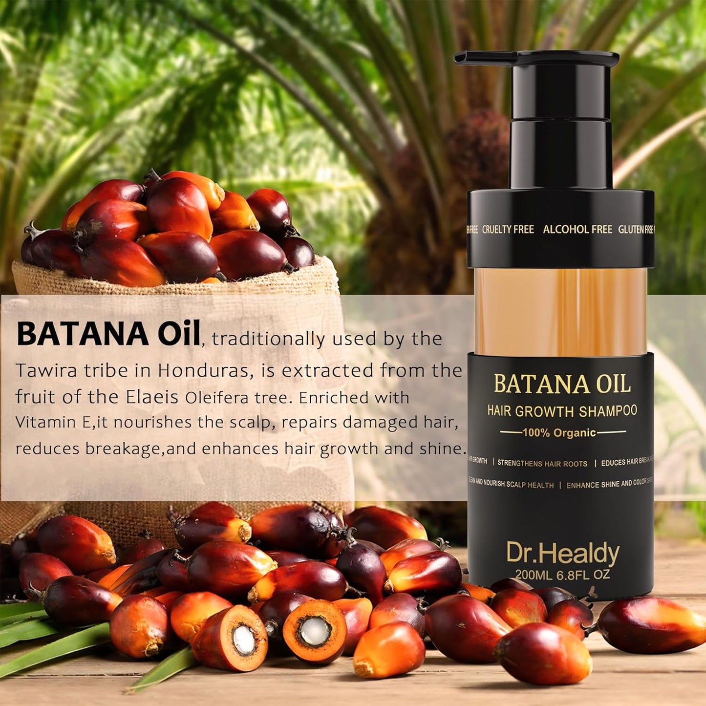 Dr.Healdy Batana Oil Shampoo for Hair Growth, Against Hair Loss & Moisturizes, Reduces Breakage - Sulfate Free Formula for All Hair Types (6.8 Fl Oz)