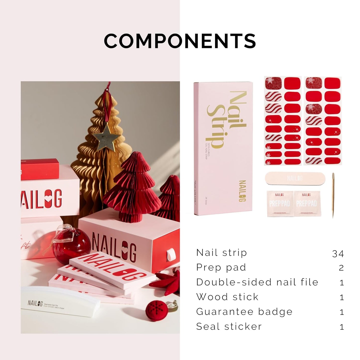 Nailog Semi Cured Gel Nail Strips 34 pcs for Christmas | Long Lasting Nail Polish Sticker Wraps with Glossy Gel Finish (Santa is Here)
