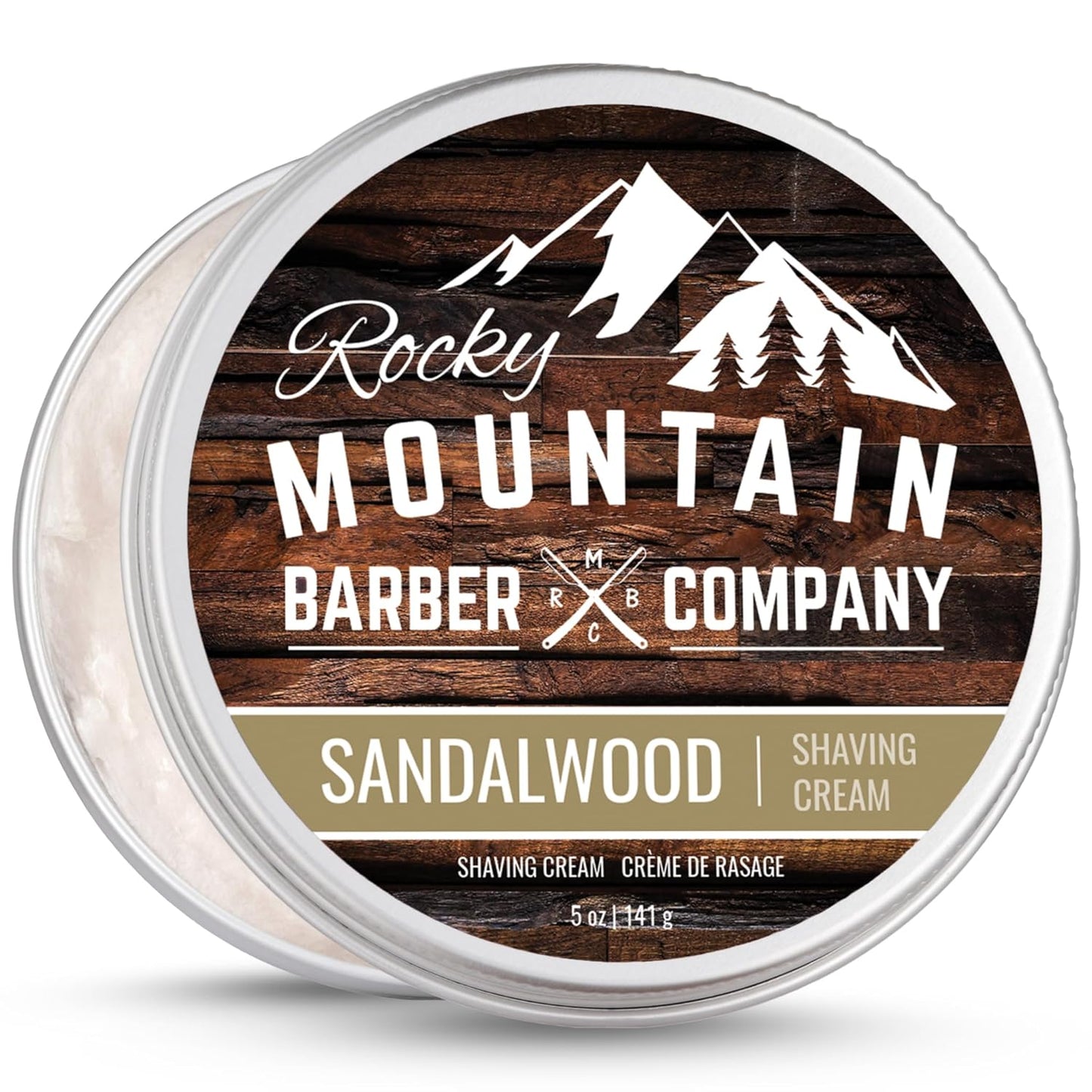 Shaving Cream for Men with Sandalwood Essential Oil - Thick Lather for Traditional and Cartridge Shaving - by Rocky Mountain Barber Company – 5oz Tin