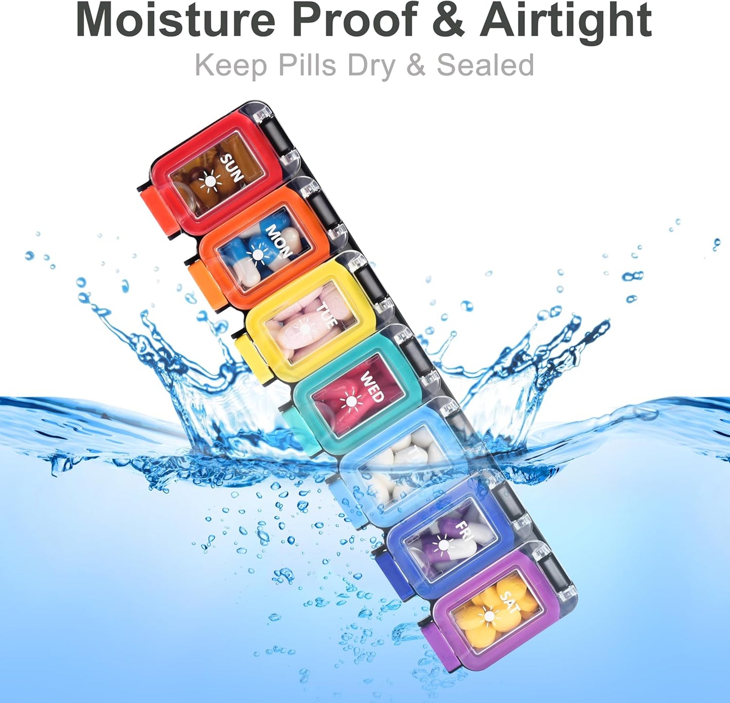 Fullicon Moisture Proof Pill Organizer 2 Times a Day, Large 7 Day Box, Spill Proof Case, Travel Container, Medicine Organizer With Secure Lids (Rainbow Black)