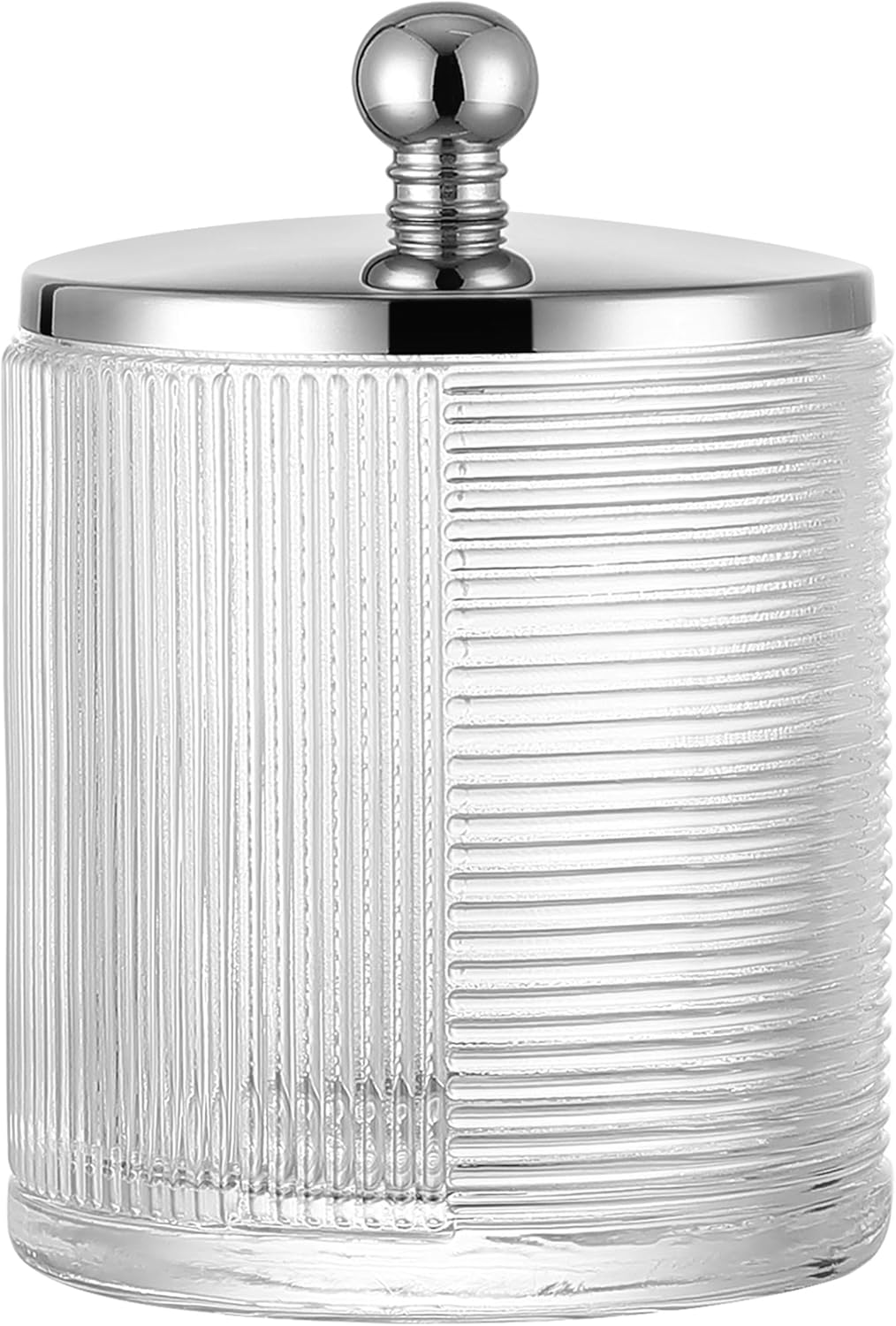 Glass Cotton Jar Holder Silver Lid, Elegant Bathroom Storage Canister for Qtips, Cotton Balls, Floss, Makeup Organizer, Vanity Bathroom Organization