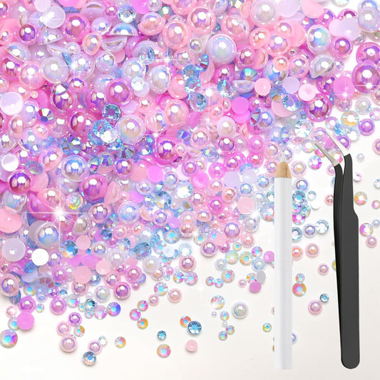 80g Mix Flatback Pearls and Rhinestones for Crafts Pink Purple Mixed Size 2mm-10mm Half Round Pearls Rhinestones for Nail Art Tumblers Shoes DIY Bedazzling with Tweezers Wax Pen