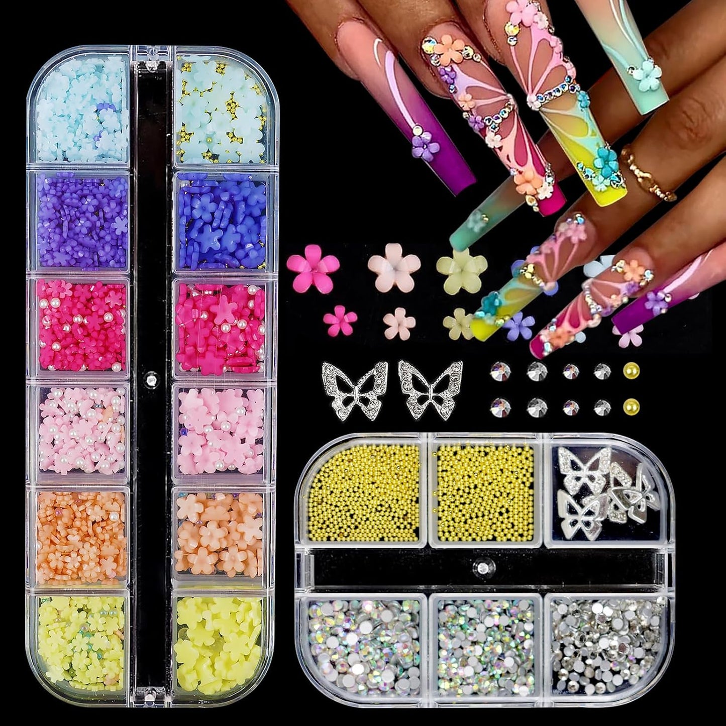3D Pink Pastel Acrylic Flower Nail Charms - Mixed Rhinestones Kit with Gold Caviar Beads & Crystal AB Color Gems