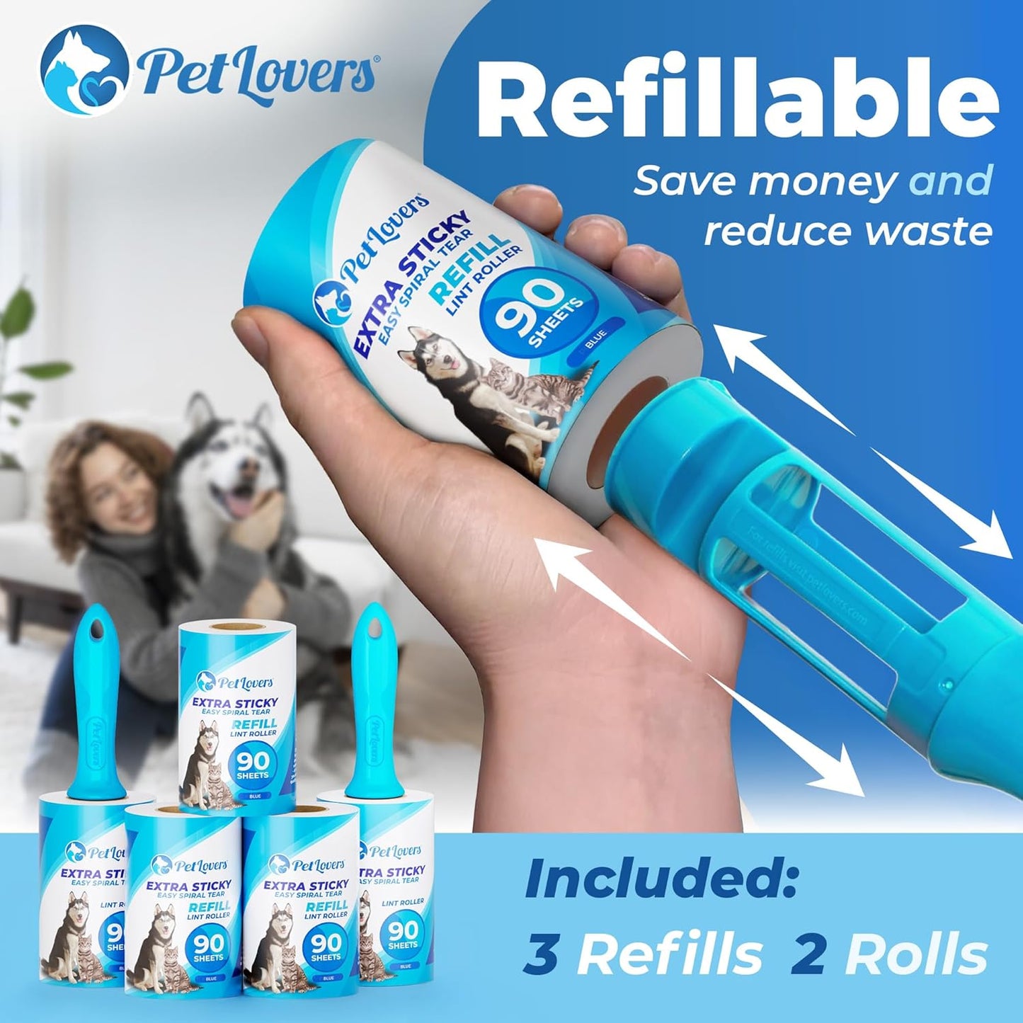 PetLovers Extra Sticky Lint Roller Mega Value Set 450 Sheets for Pet Hair Removal and Clothes, Dog and Cat Lint Remover 5 Pack Light Blue