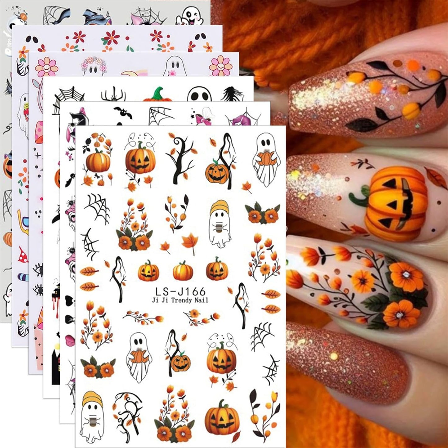 Spooky Nail Stickers Halloween Pumpkins Nail Decals 6PCS Self-Adhesive Flower Bat Spider Web Mushroom Skull Ghost Design Nail Art Supplies Festive DIY Manicure Decorations for Women Salon Manicure Kit