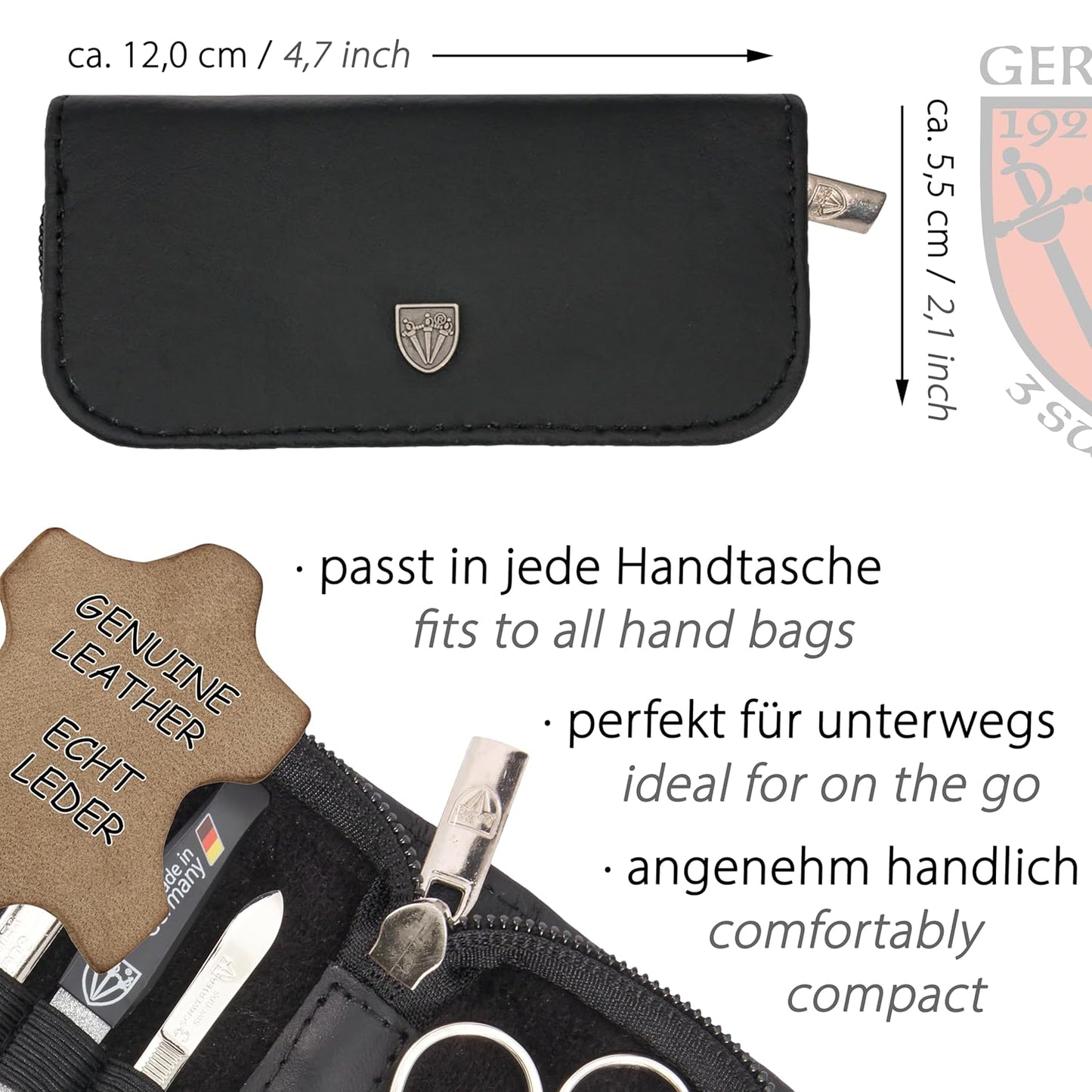 3 Swords Germany - brand quality 5 piece manicure pedicure grooming kit set for professional finger & toe nail care scissors clipper genuine leather black case in gift box, Made in Germany