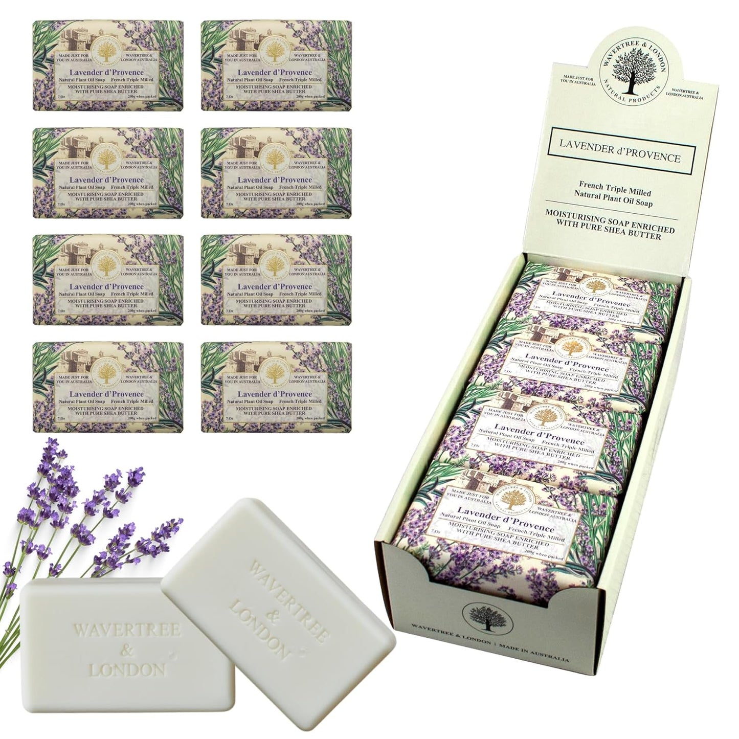 Wavertree & London Lavender D'Provence Scented Natural Soap (8 Bars), 7oz Moisturizing French Triple Milled Soap Bars enriched with shea butter - Pure Plant Oil Bath & Body Bars for All Skin Types