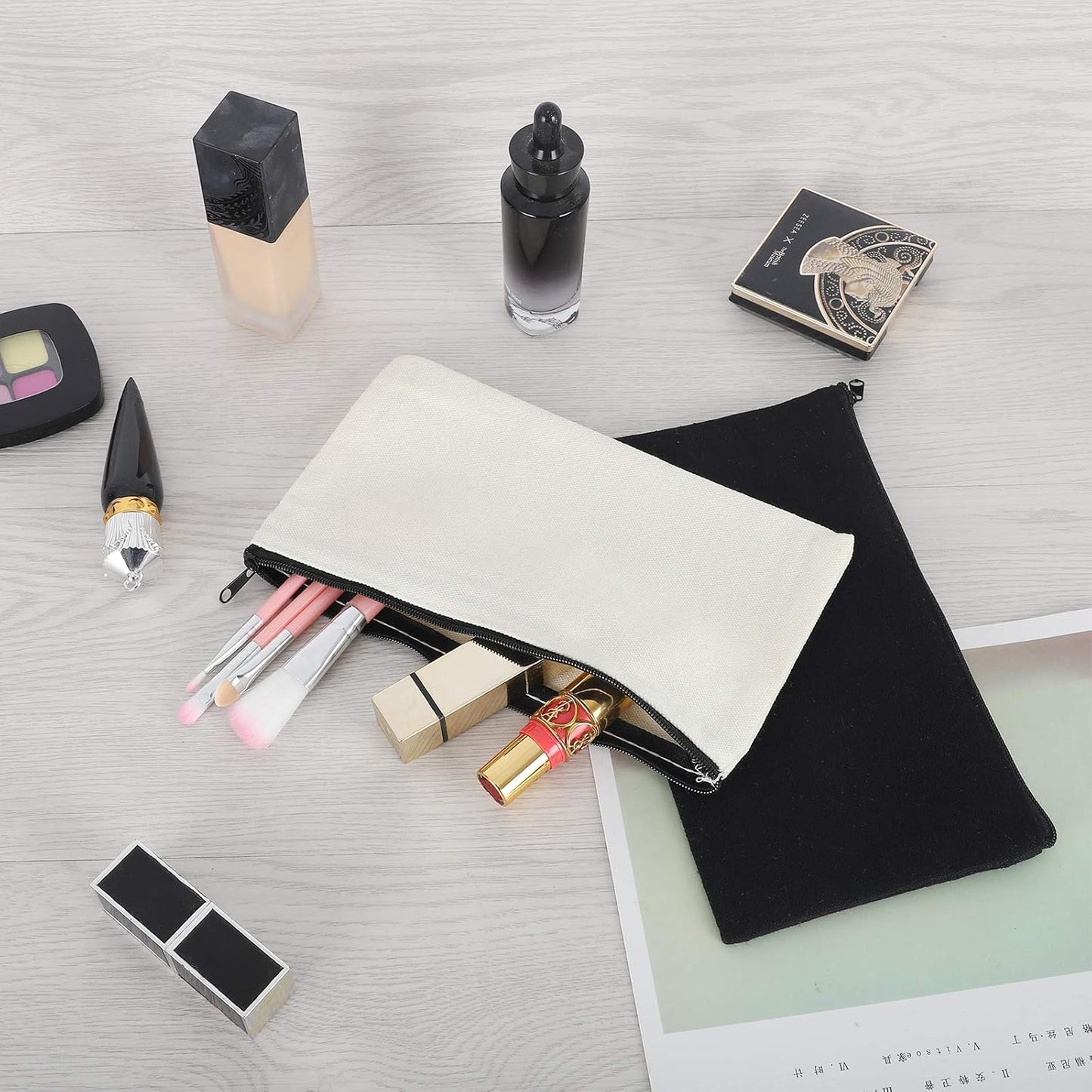 12 Pieces White Cotton Canvas Makeup Bag, Multipurpose Cosmetic Bag with Zipper Travel Toiletry Pouch, Blank DIY Craft Bag (White, L)