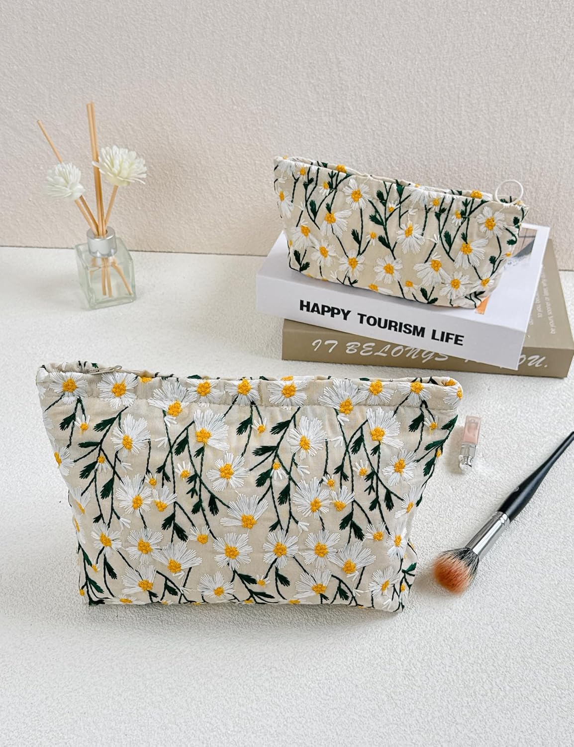 2 Pcs Makeup Bags, Large Cosmetic Bag Travel Toiletry Bag Organizer for Women, Embroidery Craft, Floral Makeup Bag Small Cosmetic Pouch Purse with Zipper Gifts for Girls Teen