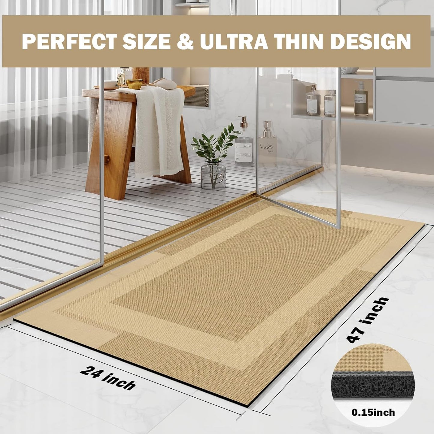 Non Slip Long Bath Mat Bathroom Runner, Rubber Backing Ultra Thin Bathroom Rugs Fit Under Door Quick Dry Super Absorbent Washable Bath Rug Shower Mat for Bathtub Sink Floor, Brown 24"x48"