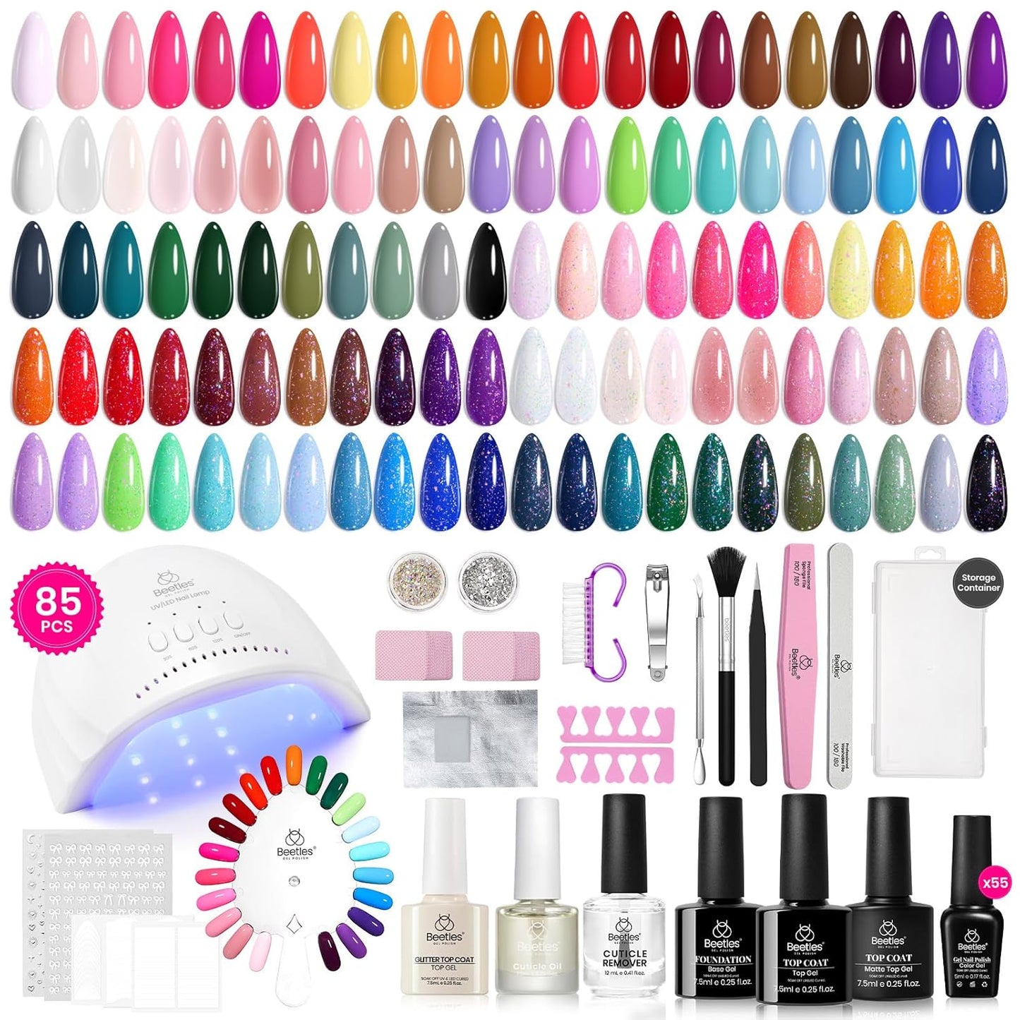 Beetles 85 Pcs Gel Nail Polish Kit with U V Light 55 Colors Gel Nail Kit for Beginners with Everything at Home Manicure Winter Nail Art Jelly Nails Emotional Spectrum Collection