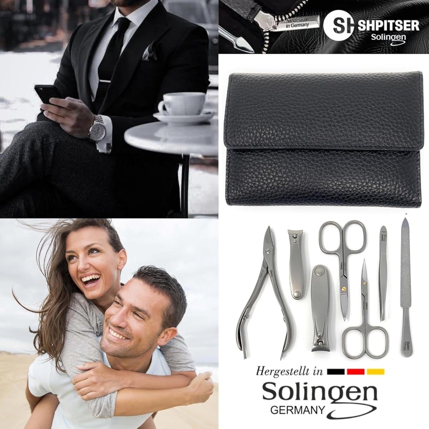 SHPITSER Professional 7pc TopInox Surgical Stainless Steel Tools Manicure Pedicure Set in Genuine Durable Leather Case Handmade in Solingen Germany for Nail and Cuticle Care