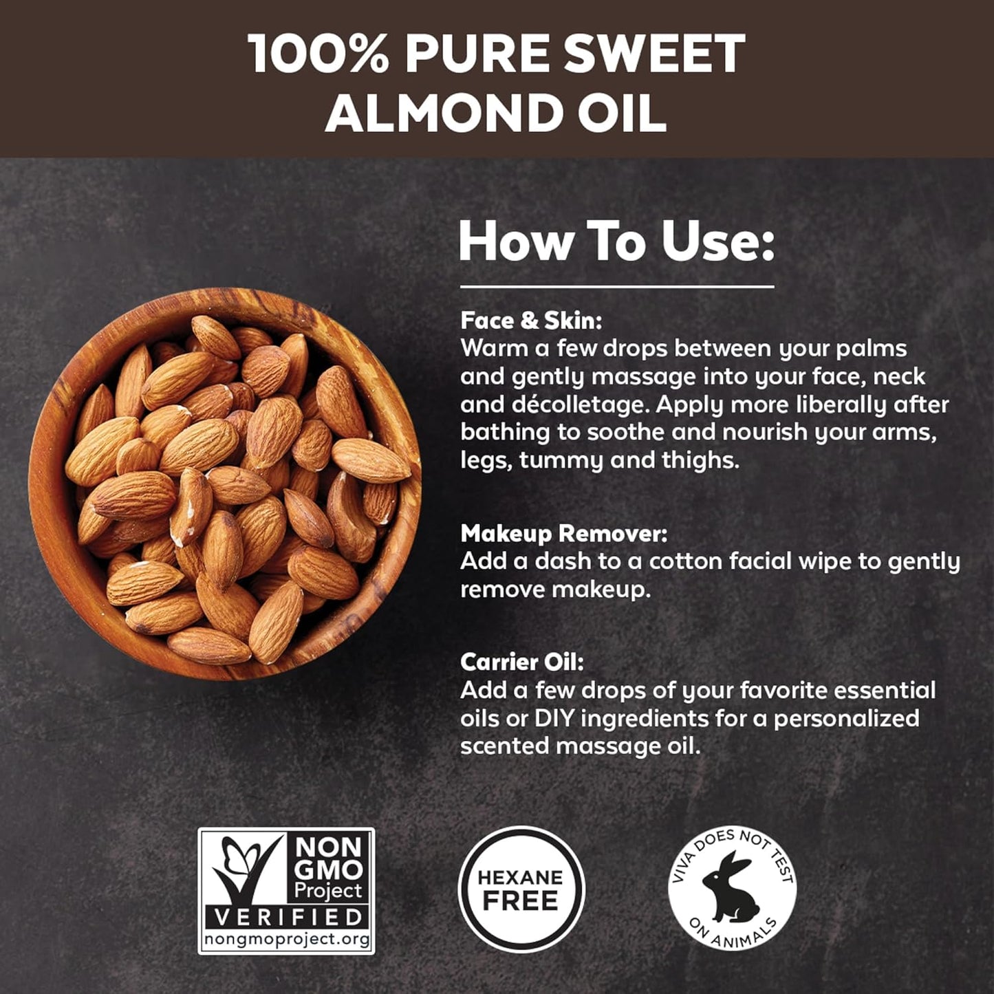 Viva Naturals Sweet Almond Oil for Skin - Body Oil, Hair Moisturizer and Relaxing Massage and Oil, Carrier Oil for Essential Oils Mixing, Non-Greasy Pure Sweet Almond Oil for Hair and Skin, 16 fl oz