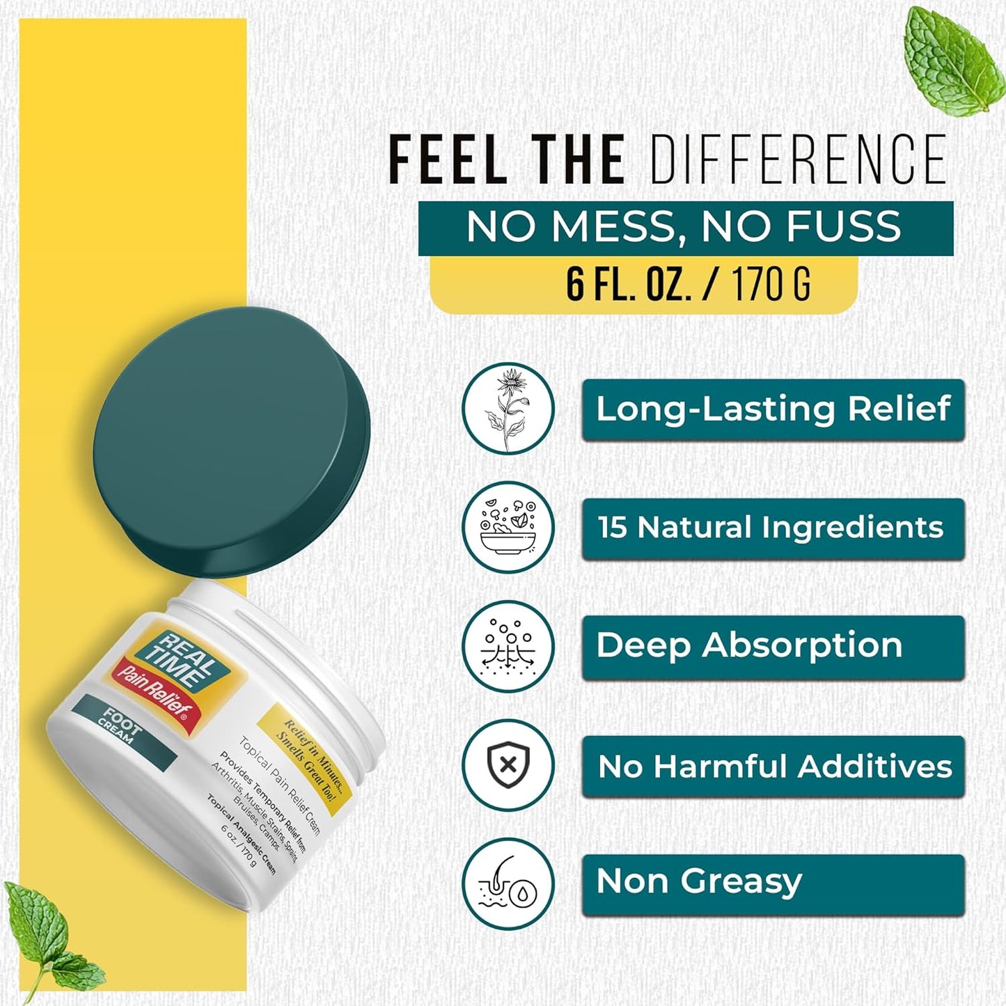 Real Time Pain Relief Foot Cream - 6oz Jar | Advanced Relief for Foot Pain, Muscle Strains, and Arthritis |15 Natural Ingredients Including Eucalyptus, Tea Tree Oil, Menthol, Vitamin E, and Emu Oil