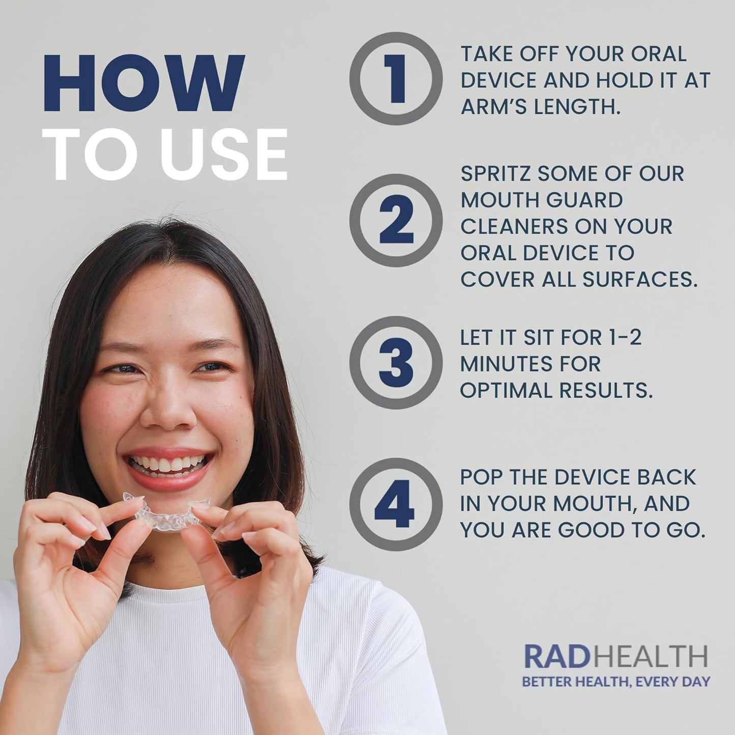 RAD FRESH - Natural Mouth Guard Cleaner with Food-Grade Hydrogen Peroxide, Easy-to-Use, No-Rinse-Formula Retainers Cleaner for All Oral Devices Like Aligners, Dentures & More, 1 Pack, 1 oz