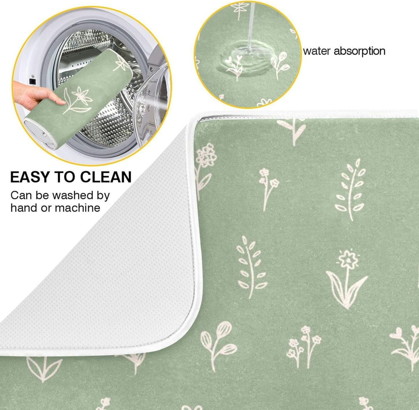 Sage Green Dish Drying Mat Quick Absorbent 18x24 Doodled Botany Flowers Leaves Herbs Plants Kitchen Drying Mat for Countertop Sink Reusable Dishes Mats Kitchen Essentials