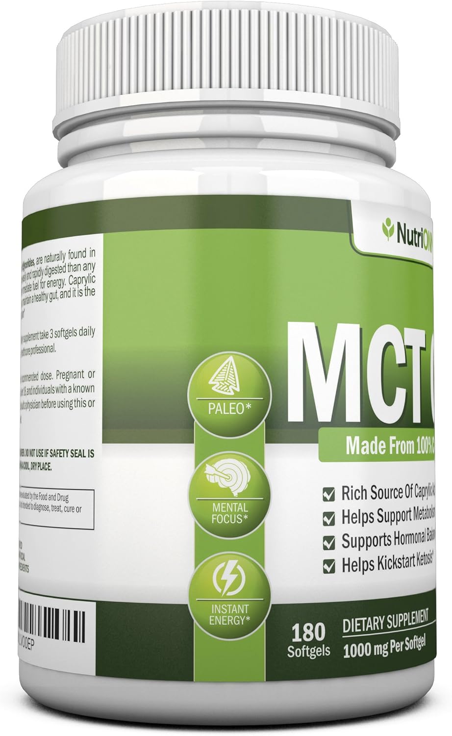 MCT Oil - 3000mg Per Serving - 180 Softgels - Made from 100% Organic Coconuts - Non GMO, Cold Pressed, Paleo Friendly Capsules - Great for Focus & Gut Health
