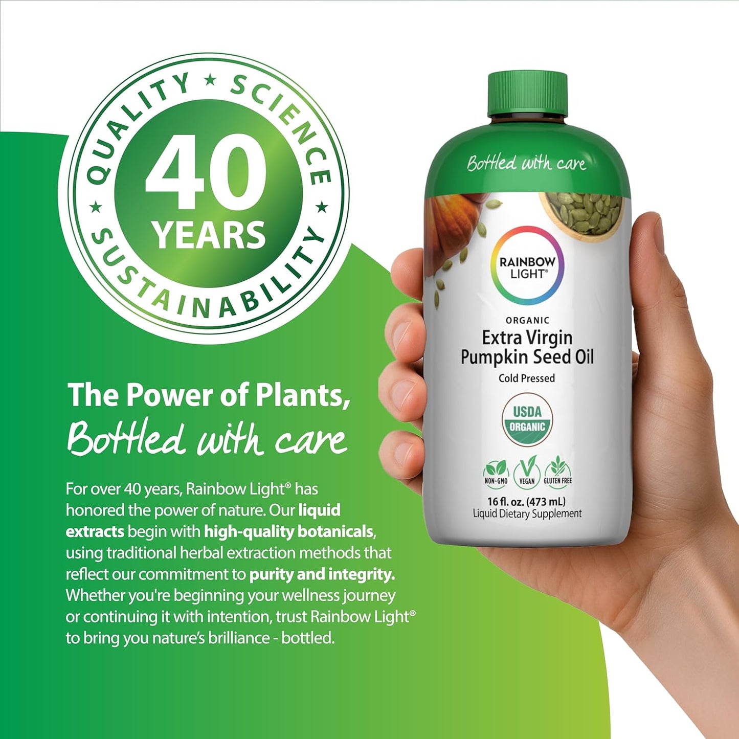 Rainbow Light Organic Extra Virgin Pumpkin Seed Oil | Cold Pressed Liquid Extract | Potent Source of Omega 6 and 9 Fatty Acids | Non-GMO and Gluten Free Supplement | 16 Fl Oz