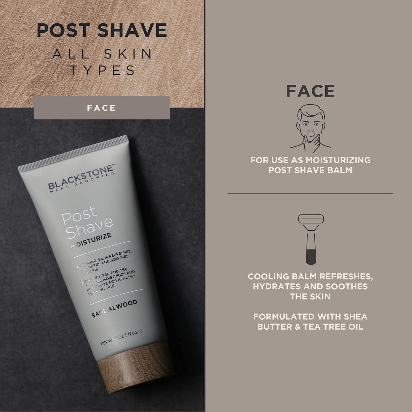 Blackstone Men's Grooming Post Shave Moisturizer with Tea Tree Oil, Shea Butter, Vitamin E, & Aloe | Soothing Cooling Balm | Cruelty & Paraben Free | Made in USA | Sandalwood (6 oz)