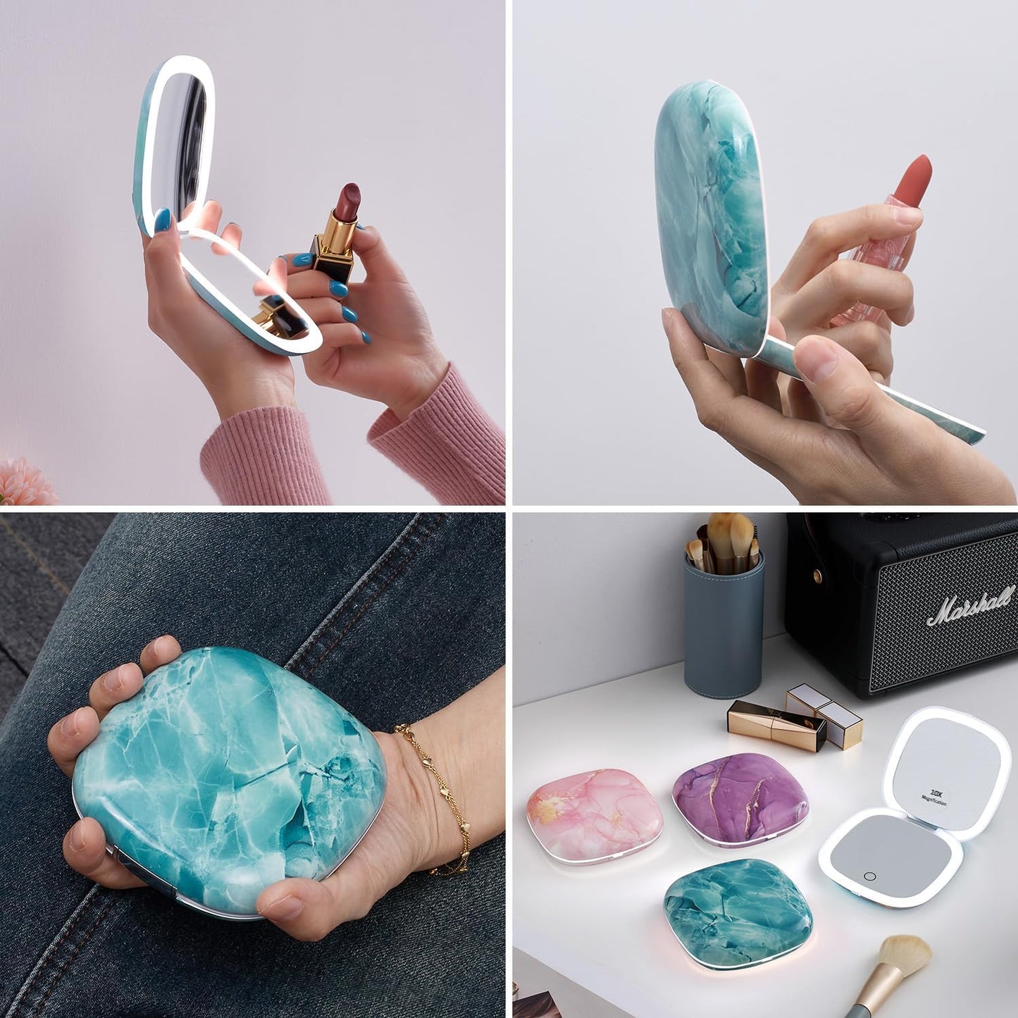 Mocado Compact LED Travel Makeup Mirror - 4 Inches 1X/10X Magnification Travel Mirror with Light Dimmable Double Sides Lighted USB Rechargeable Compact Mirror for Purse,Pocket,Travel(Green Marble)