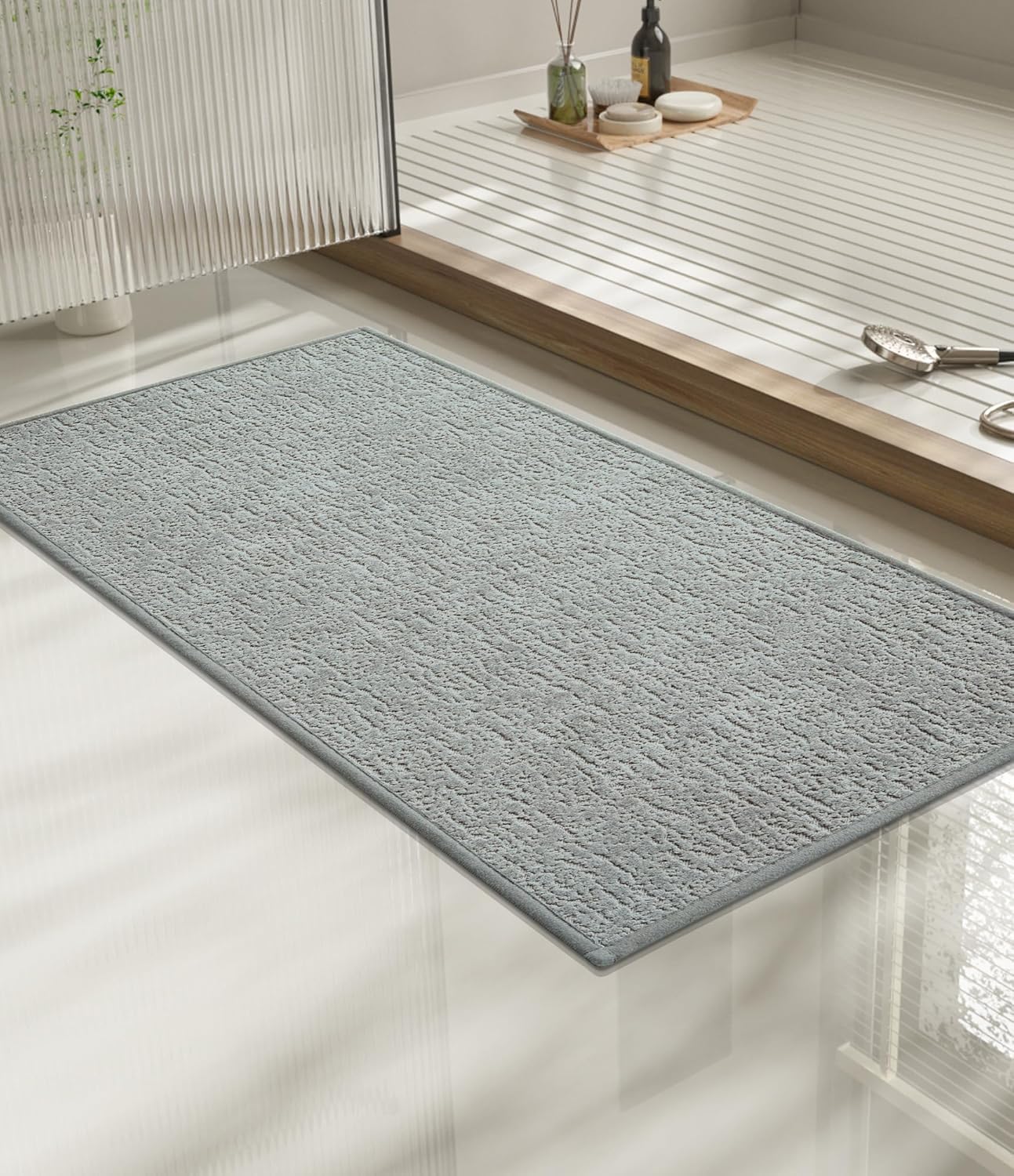 chakme Bathroom Rugs Mat 32x17, Ultra Thin Non Slip Bath Mat Quick Dry Absorbent Bath Mat for Bathroom Floor, (Light Grey, 32"x17")