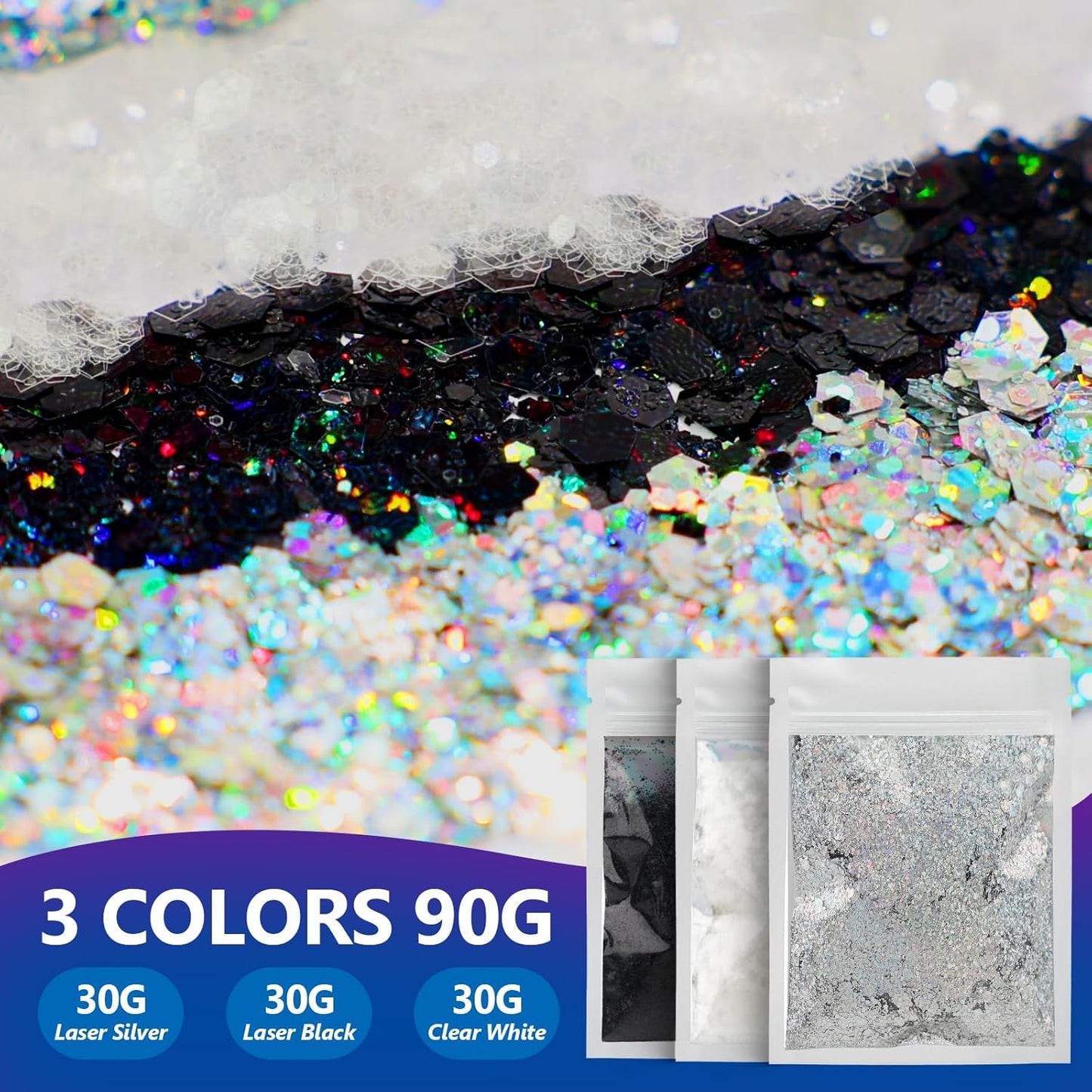 Dmsky Chunky Glitter, 90g/3.18oz Eco Friendly Biodegradable Glitter for Face, Eyeshadow, Body, Hair, Nail, Resin, Craft, DIY Party Decorations, 3 Colors, Silver Holographic, White & Black