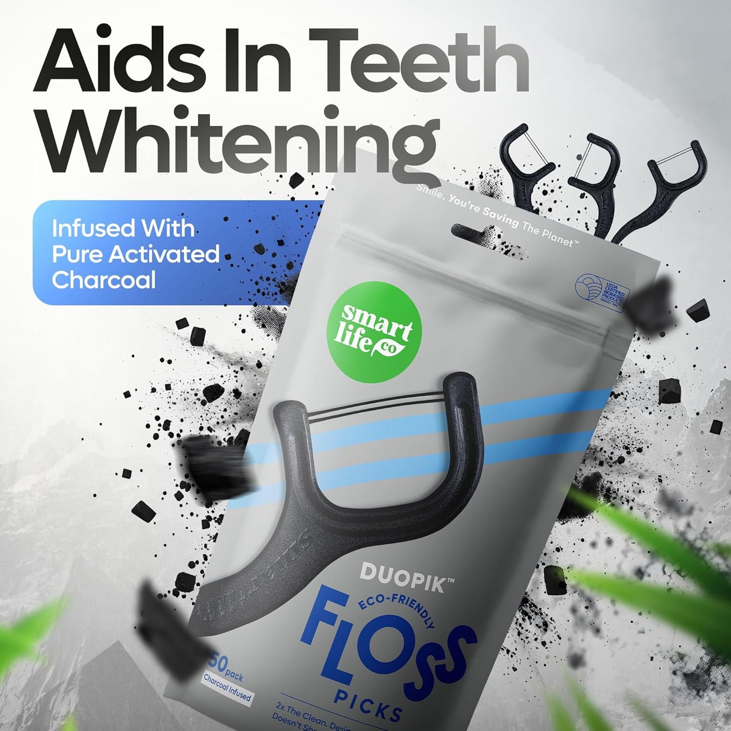 SmartLifeco Eco-Friendly Dual-Thread Dental Floss Picks (200ct) - Flossers Made with Straw Wheat Blend, Natural Teeth Whitening, Tooth Pick Stick for Adults, Activated Bamboo Charcoal Floss Thread