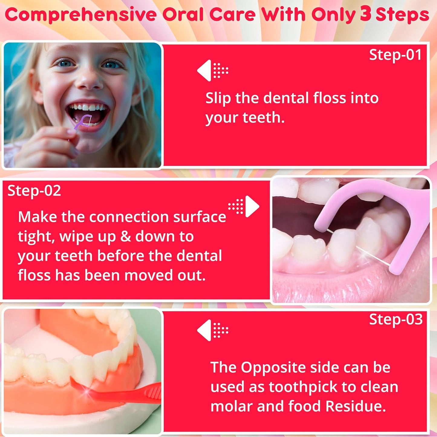 Flavored Floss Picks, 300 Count, Dental Floss Picks for Teeth with Fun Fruit Flavors, Flosser Picks for Adults and Children, | Grape, Orange & Cherry Flavor