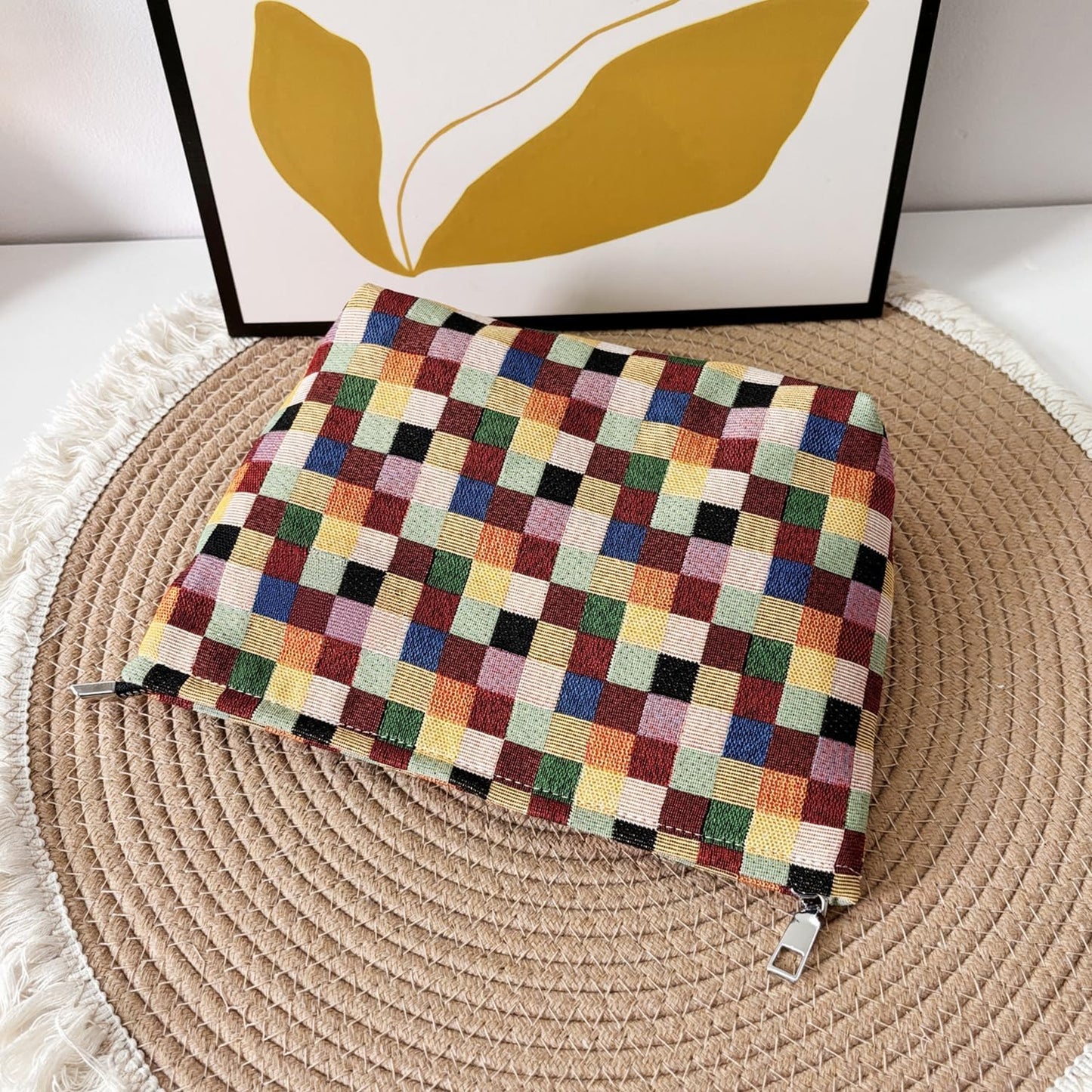 Stylish Checkered Canvas Makeup Bag – Travel Cosmetic Organizer (10.6 x 7.1 x 2.8 Inches), Large Cosmetic Bag, Colored Squares Zipper Pouch, Plaid Fabric, Plain lining