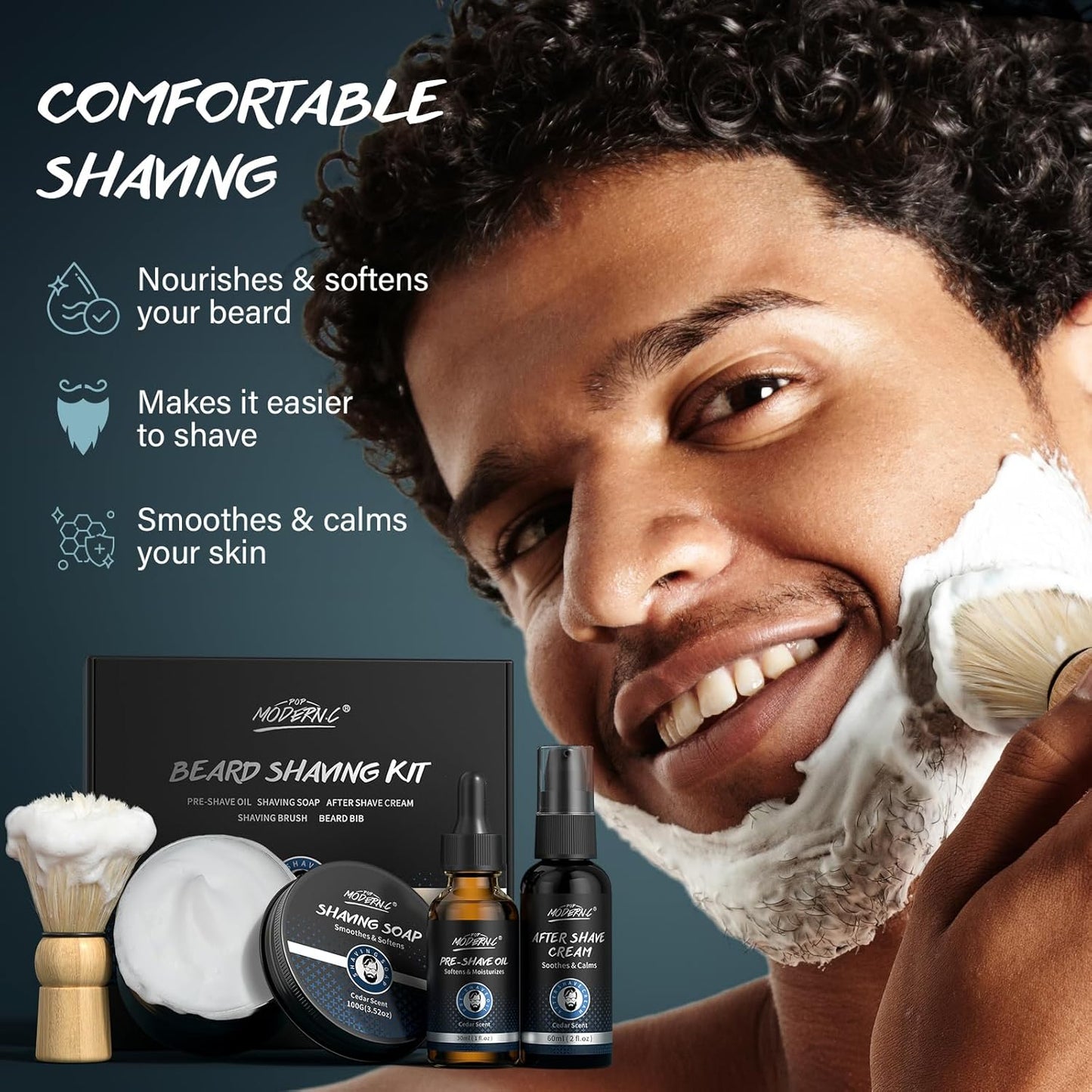 5Pcs Shaving Kit for Men Gift Set Includes Shaving Soap Butter Beard Bib Apron Pre Shave Oil After Shave Lotion Cream Shaving Brushes Mens Shave Christmas Birthday Day Fathers Day Stocking Stuffers