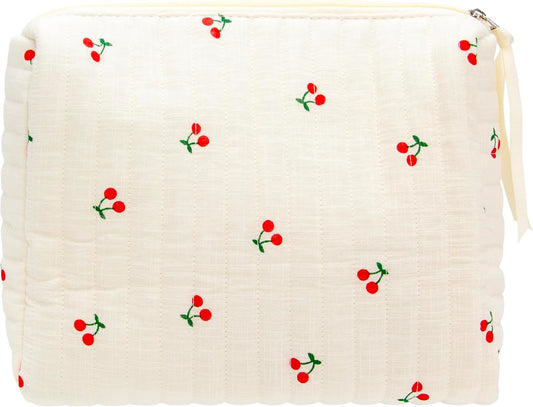 PAZIMIIK Quilted Makeup Bag Large Travel Zipper Soft Cosmetic Pouch for Women Girls Make Up,Cherry Beige