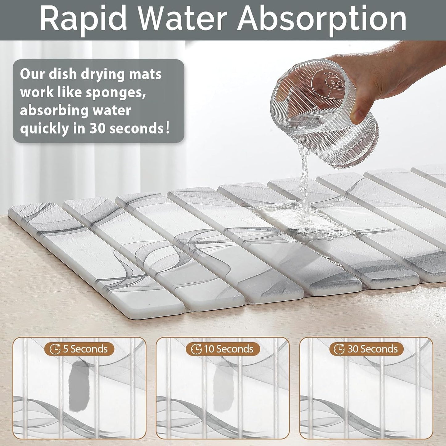 2 PCS Large Stone Dish Drying Mat for Kitchen Counter,Quick Dry Stone Dishes Mats,Marbled Water Absorbing Diatomaceous Earth Drying Pad for Countertop Bottles Utensils Cups（Black White 24"×16"&8"x4"）