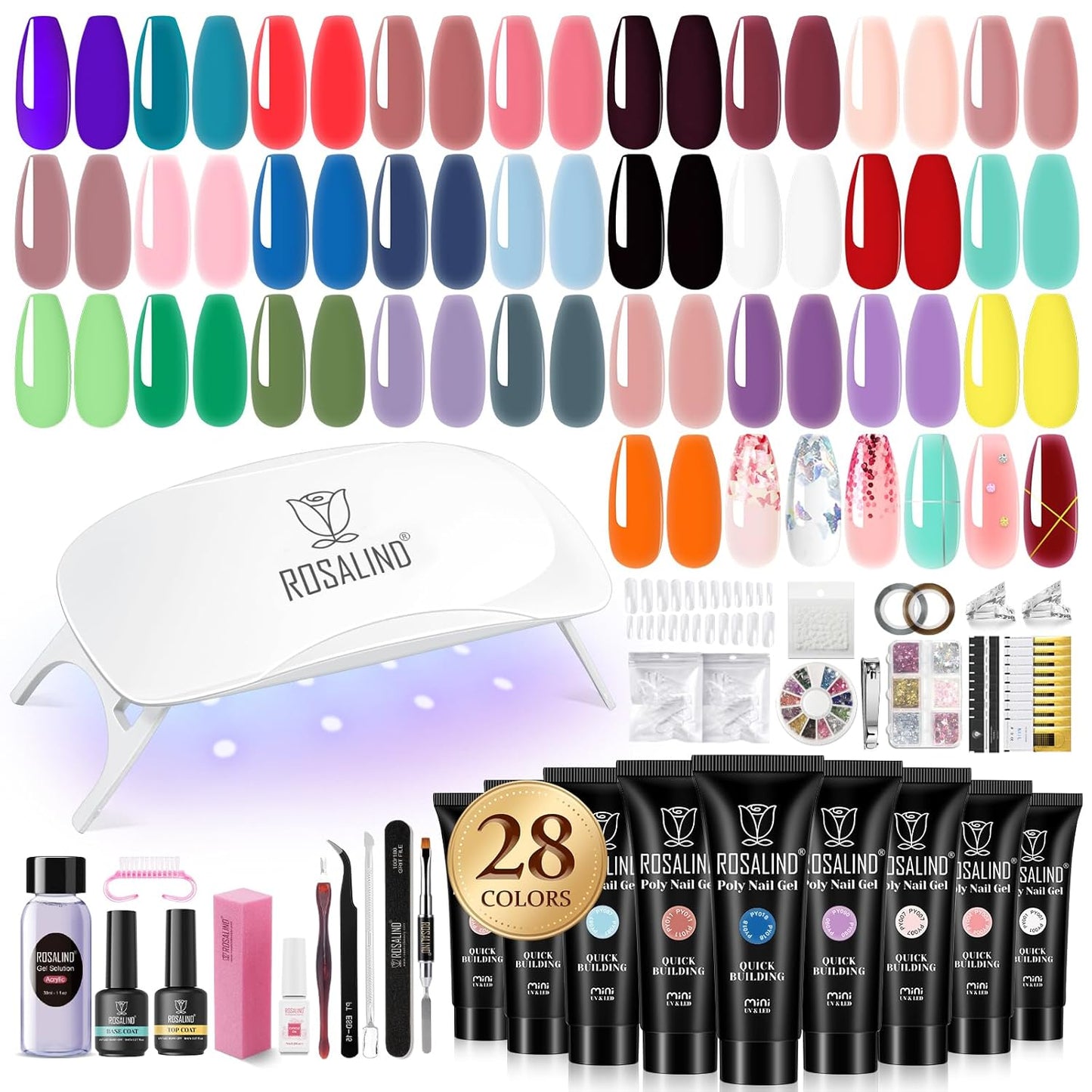 ROSALIND 28 Colors Color Poly Nail Gel Colors Kit with Mini Nail Lamp Clear Neon Poly Nail Gel Starter Kit for Beginners Halloween All Seasons Classic Colors with Everything