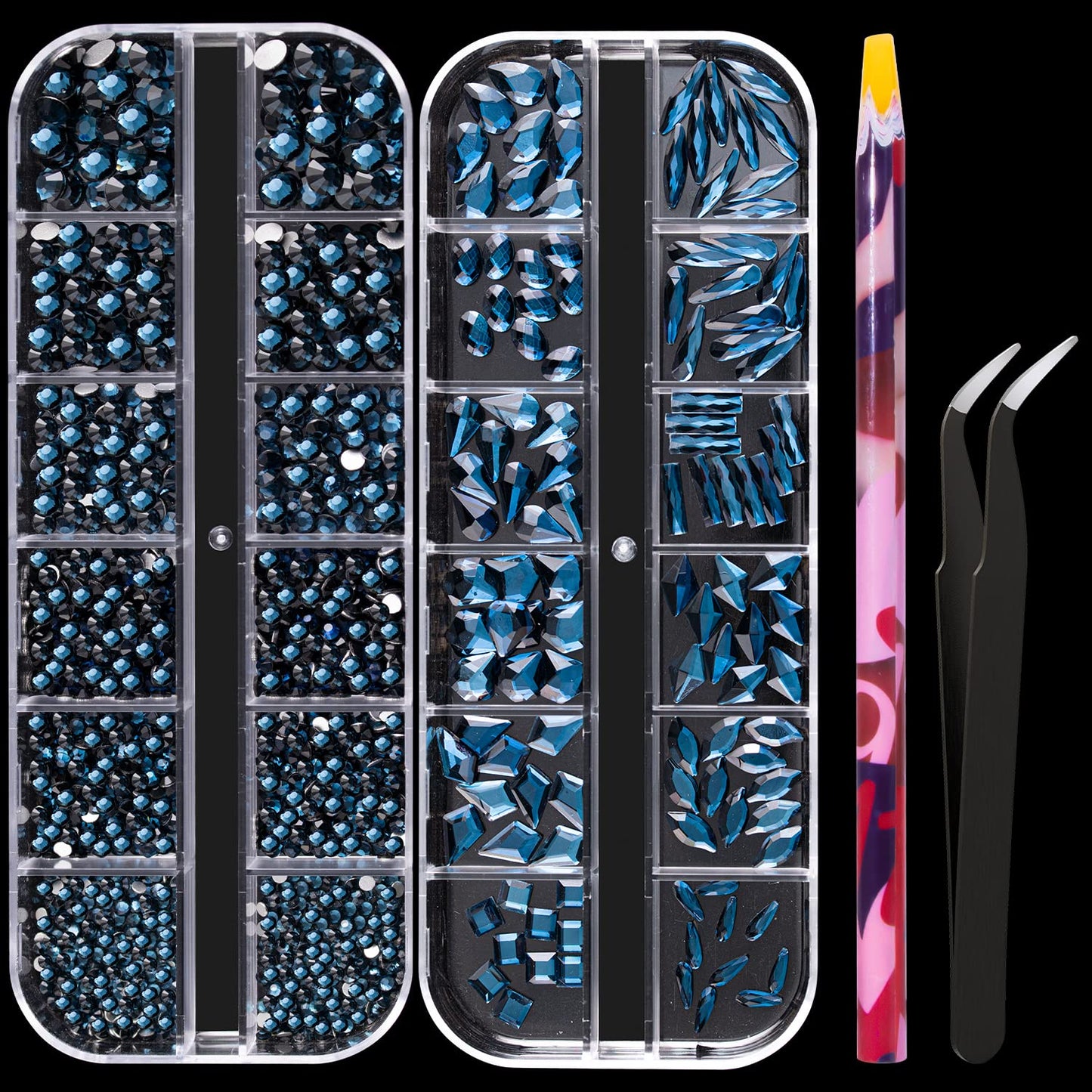 Multi Shapes Black Blue 3D Glass Crystal Nail Art Rhinestones Kit with Flatback Round Bead Charm Gem Stone Jewelry Diamond with Pickup Pen + Tweezer for Manicure Makeup DIY Craft Decoration
