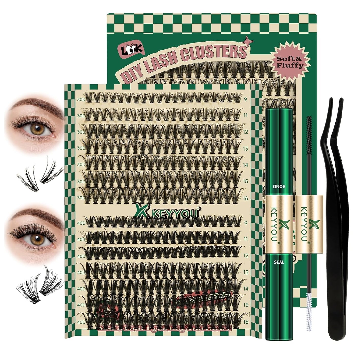 KEYYOU DIY Lash Extension Kit 280pcs Individual Lashes D Curl Eyelash Extension Kit 30D+40D 9-16Mix Lash Clusters with Lash Bond and Seal and Lash Applicator for DIY at Home(KIT-30D40D-0.07D-9-16MIX)